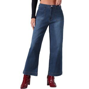 High Waisted Straight Leg Jeans Buttoned Loose Denim Pants Dark Blue
